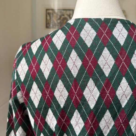 Vintage 70s Polyester Knit Argyle Cardigan Blazer Green Burgundy M - Picture 5 of 8